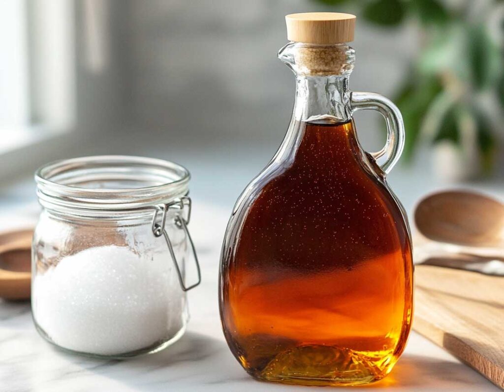 Une bouteille en verre de sirop d'érable à côté d'un pot en verre rempli de sucre