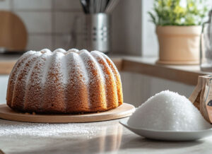 Un gateau avec un assiette et du sucre