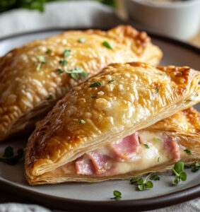 Deux chaussons dorés et feuilletés au jambon et fromage