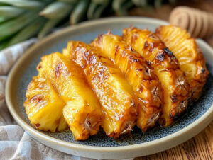 Tranches d'ananas grillées disposées sur une assiette grise