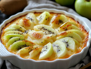 clafoutis cuit au four dans un plat blanc garni de kiwis et de pommes tranchés