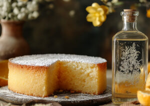 Gâteau à la semoule saupoudré de sucre glace sur une planche de bois à côté d'une bouteille de fleur d'oranger