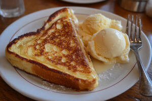 Un morceau de pain perdu et deux boules de glace à la vanille