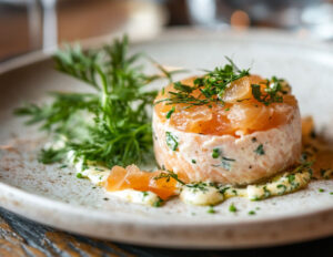 Une assiette de rillettes de saumon garni d'herbes