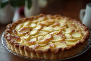 Une tarte aux pommes fraîchement cuite sur une plaque de verre