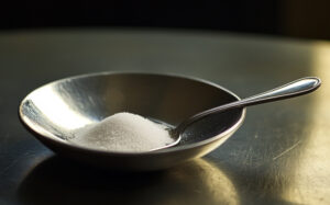 Une cuillère repose de splenda dans un petit plat en métal