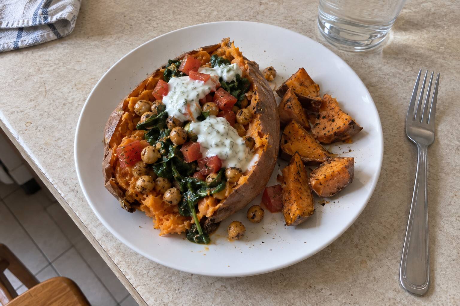 Une patate douce au four garnie de pois chiches, de tomates, de légumes verts et de sauce