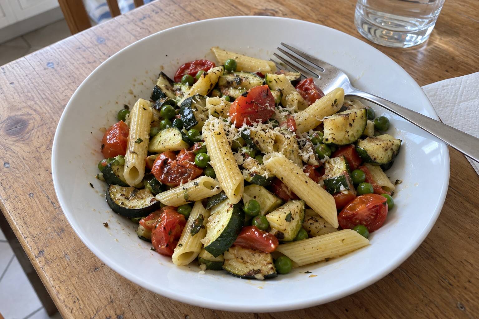 Un bol de penne aux courgettes, tomates cerises, petits pois et fromage râpé