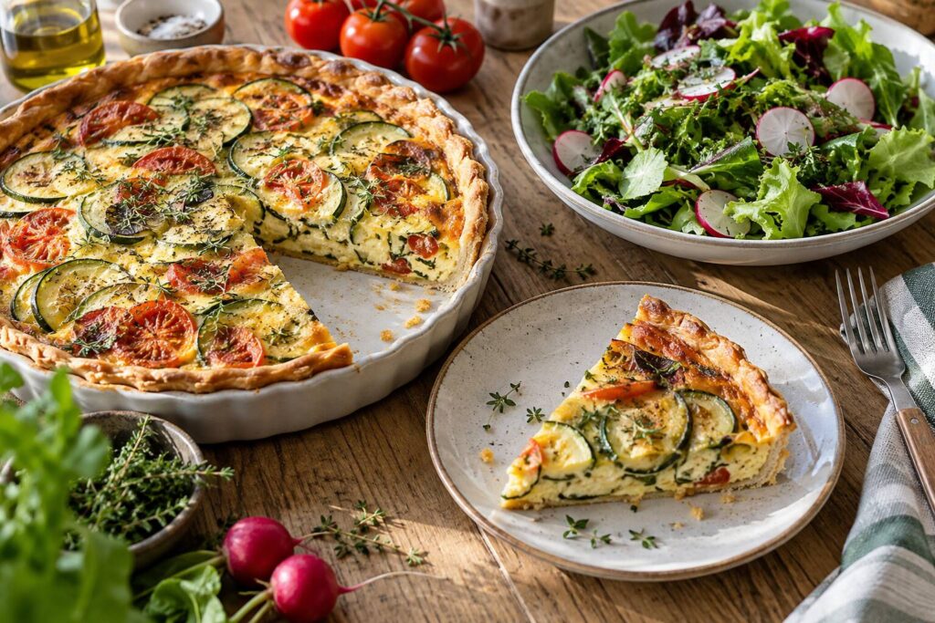 Une part de quiche aux légumes est servie dans une assiette