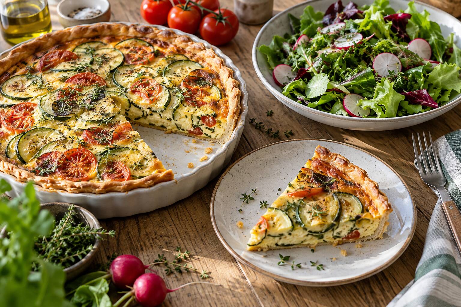 Une part de quiche aux légumes est servie dans une assiette